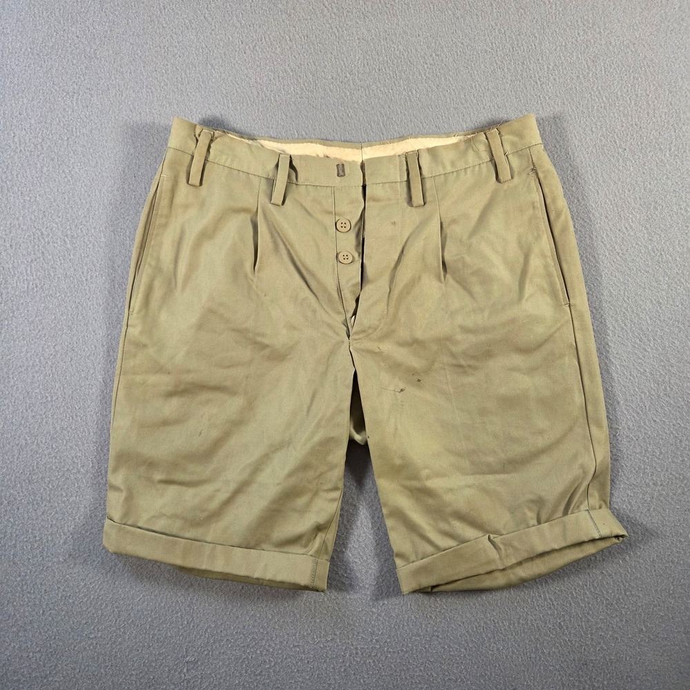Vintage Military Shorts Mens 27 Khaki Twill Cuffed Pleated 50s Era Drill Army